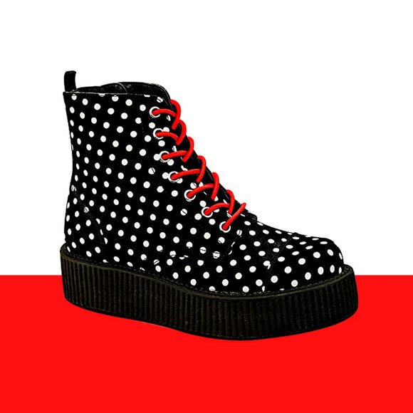 T.U.K Shoes - T.U.K BLACK/WHITE POLKA DOT 7 EYE VIVA MONDO CREEPER BOOTS